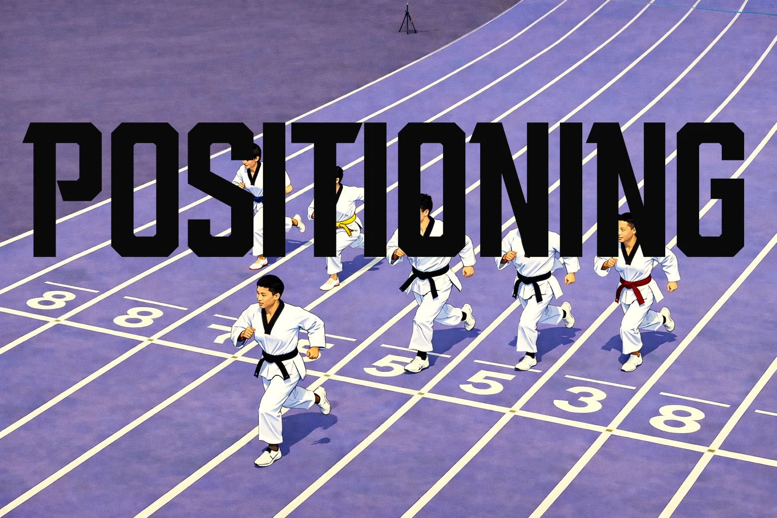 보라색 육상 트랙을 달리는 도복 차림의 인물들 위에 ‘POSITIONING’ 문구를 겹친 이미지