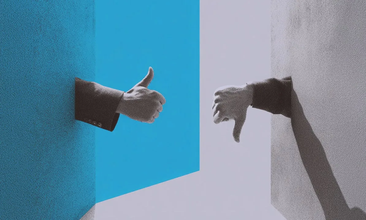 파란 벽과 회색 벽에서 나온 두 손이 각각 엄지를 위와 아래로 향한 이미지