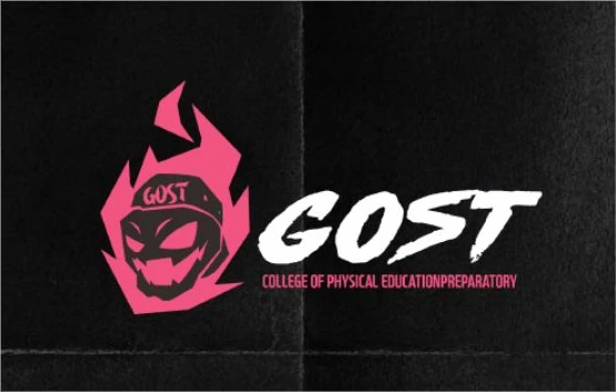 핑크 심벌과 GOST 워드마크를 조합한 체대입시 브랜드 로고