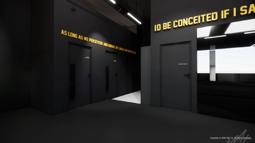 블랙 출입문과 옐로 문구를 적용한 위즈덤 체육관 보조 공간 3D