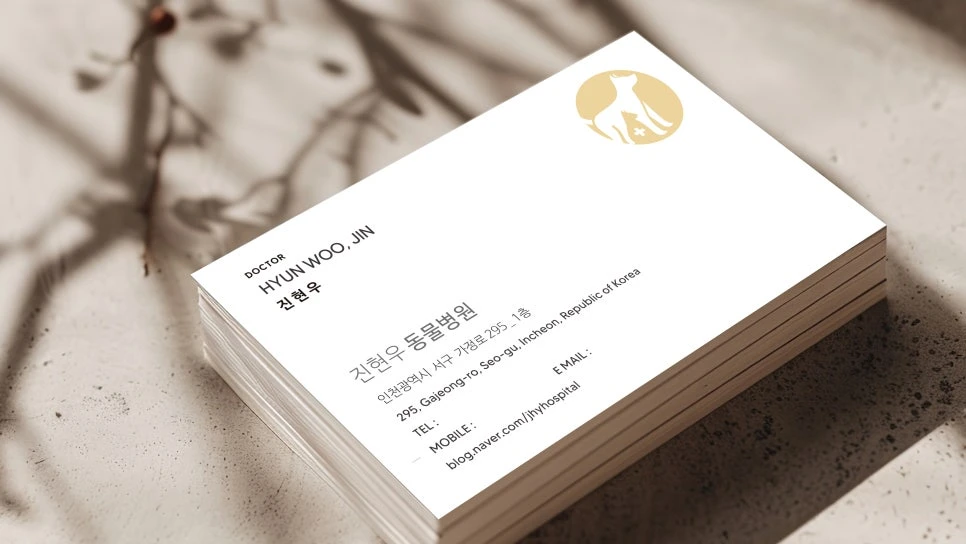 진현우 동물병원 원장 명함과 골드 로고 디자인