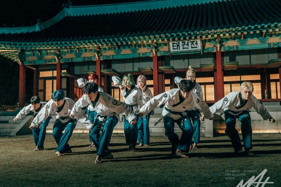 전통 건축과 현대 태권도 퍼포먼스를 결합한 태권크리 브랜드 이미지