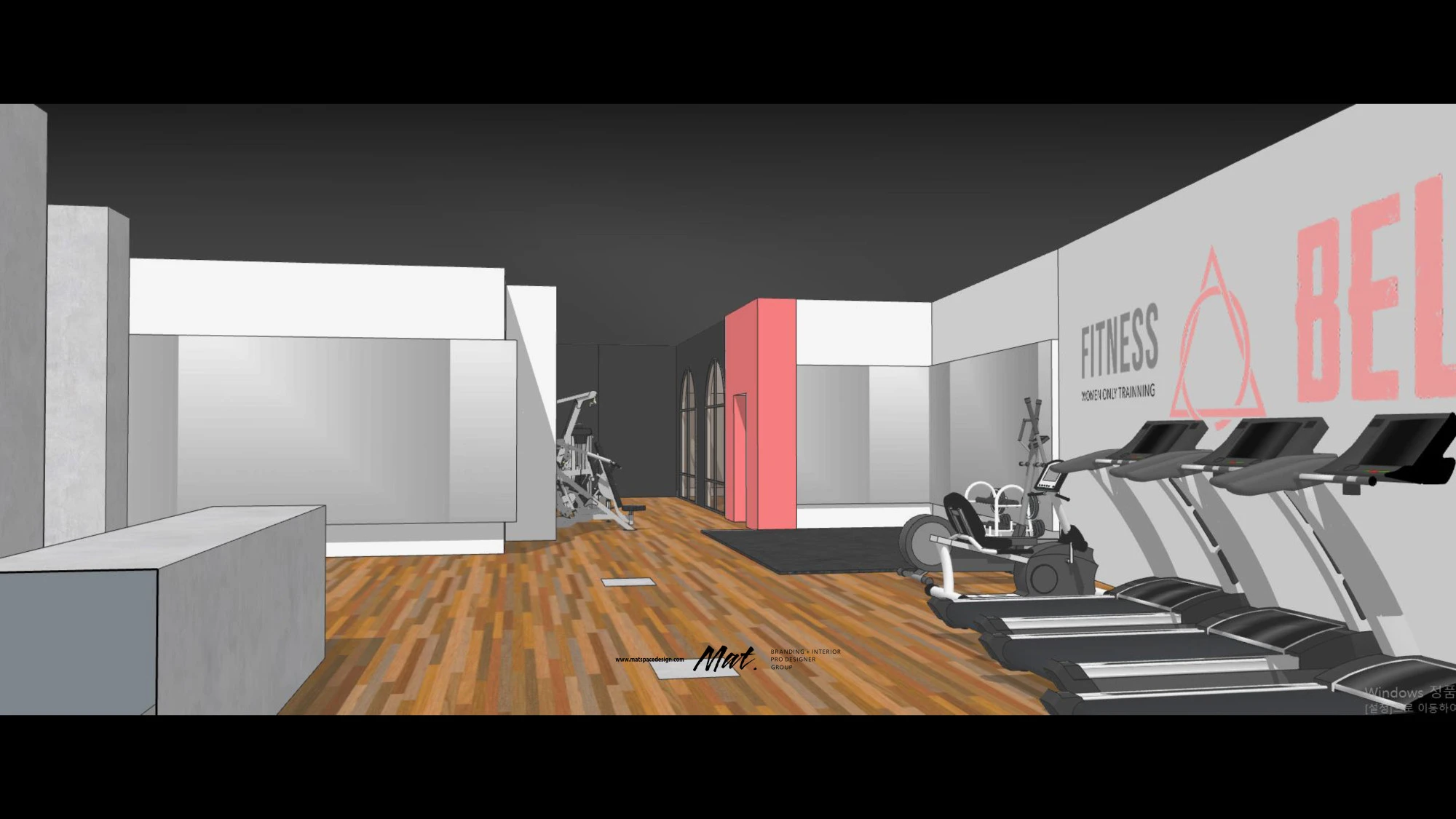 벨라피트니스 입구와 운동 공간 원근 3D 렌더링