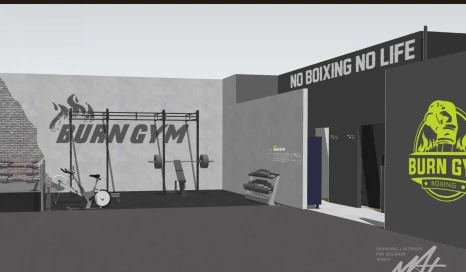BURN GYM 로고와 NO BOXING NO LIFE 문구가 적용된 복싱번짐 3D 시안