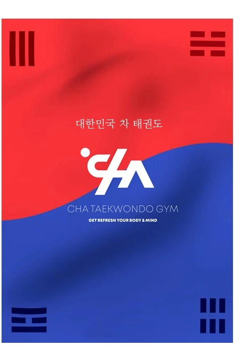 레드와 블루를 결합한 CHA 태권도 브랜드 포스터