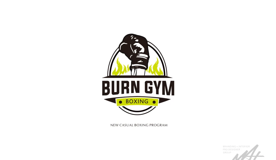 복싱 글러브와 불꽃 모티프를 담은 BURN GYM BOXING 로고