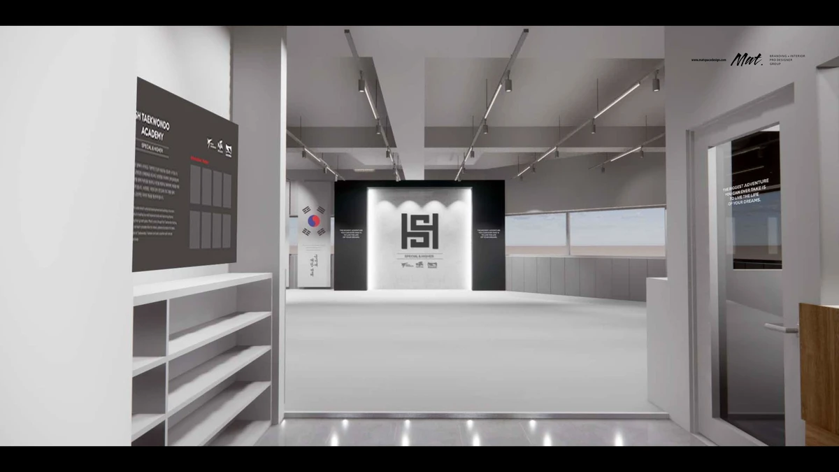 SH 태권도장 전면 브랜드 월과 수련장 3D 디자인