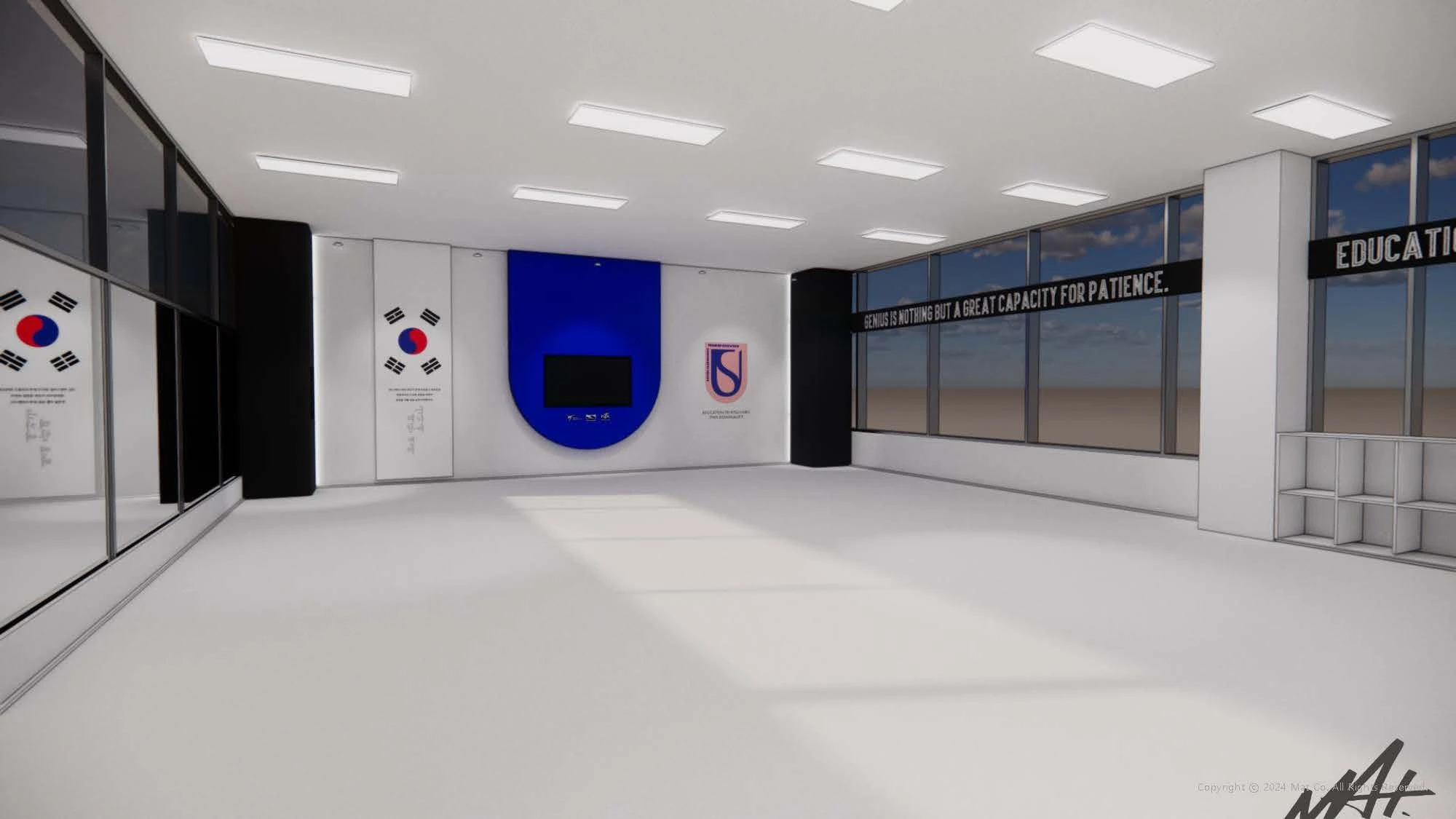 소유 태권도장 전면 브랜드 월과 수련 공간 3D 시안