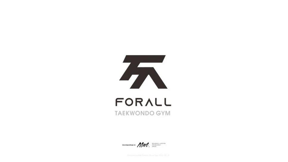 F 형태와 태권도 동작을 결합한 FORALL 태권도장 로고