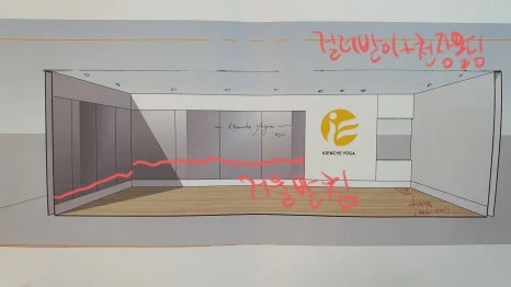 키앤체 로고와 거울 벽면을 구성한 요가실 3D 시안