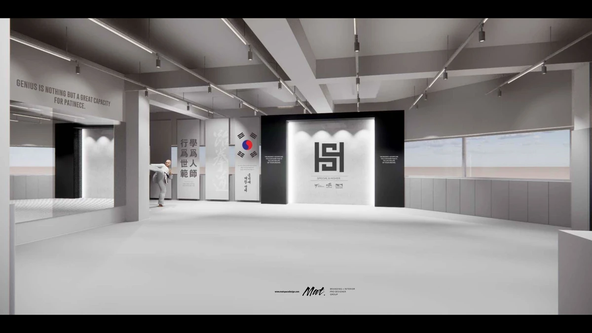 전면 거울과 개방 천장을 적용한 SH 태권도장 3D 시안